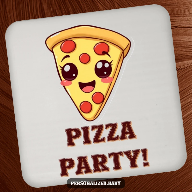 Funny drink coaster with a smiling, bouncy pizza slice with pepperoni eyes, perfect for protecting tables with a humorous touch, great funny gift.