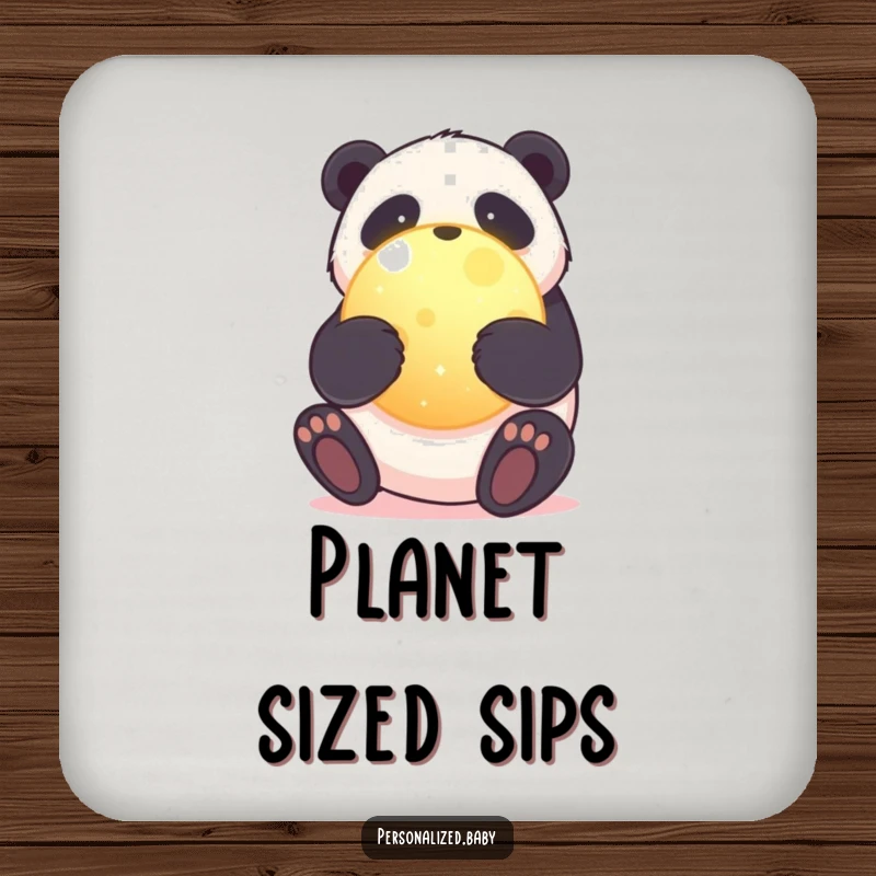 Funny drink coaster showcasing a sweet panda bear hugging a glowing planet, adding a touch of humor and environmental care.