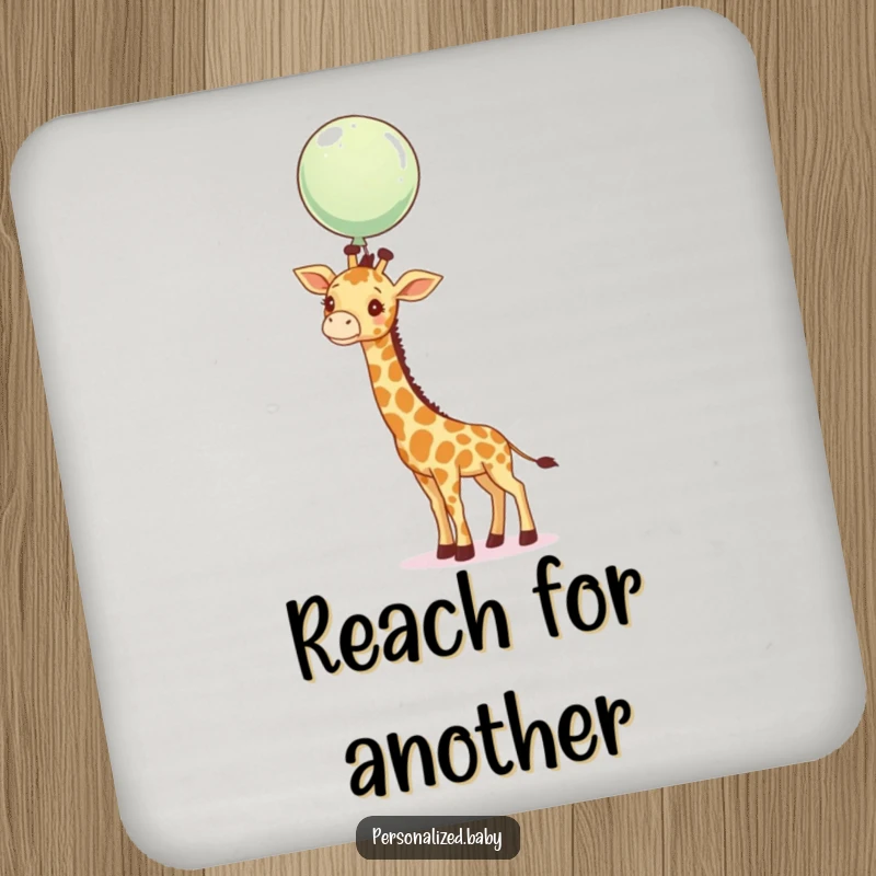 Funny giraffe calf stretching its neck to reach a floating balloon on a drink coaster, adding whimsical decor.
