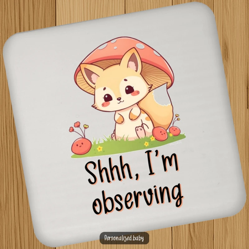 Funny Coaster: Mischievous fox kit peeking from behind a mushroom, adding woodland charm and protecting surfaces.