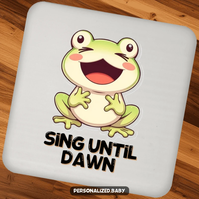 Funny, cheerful frog character singing with eyes closed and mouth wide open, decorating these protective and musical drink coasters.