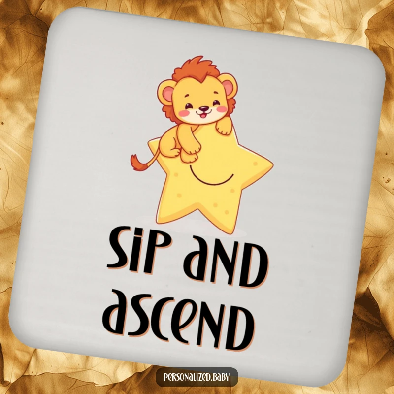 Funny drink coaster showcasing a brave lion cub climbing a smiling star, adding a touch of humor and aspiration.