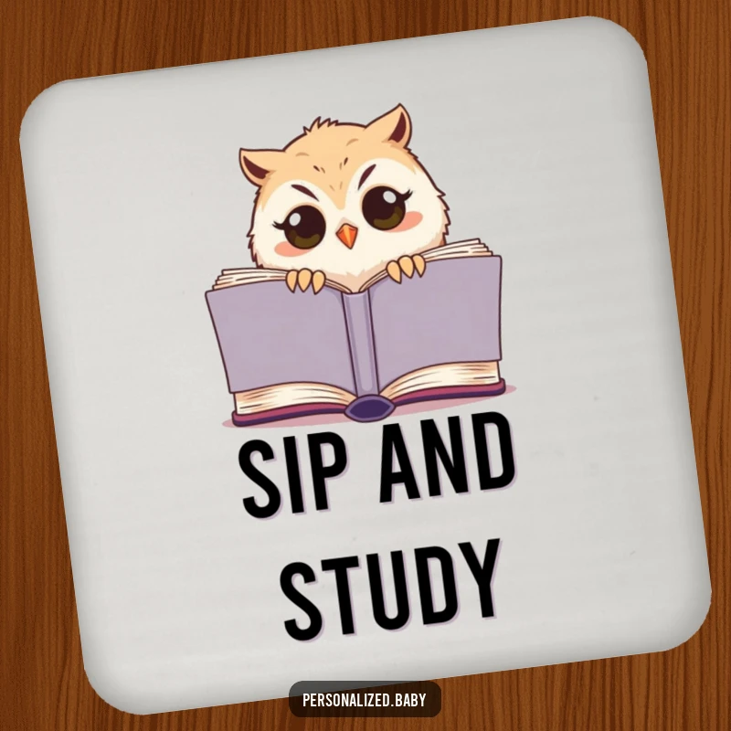 Funny owl chick coaster, sleepy bird peeking from a book, protects surfaces with adorable and humorous design.