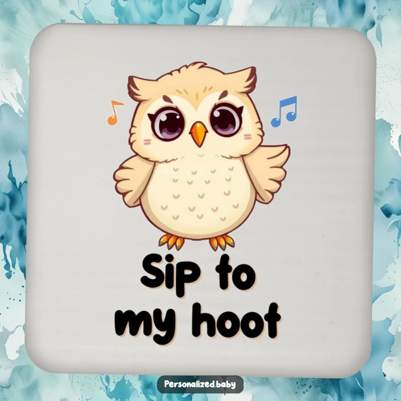 Funny Owl Melody Coaster showcasing a surprised owl character hooting melodiously, adding whimsical humor to any drink setting.