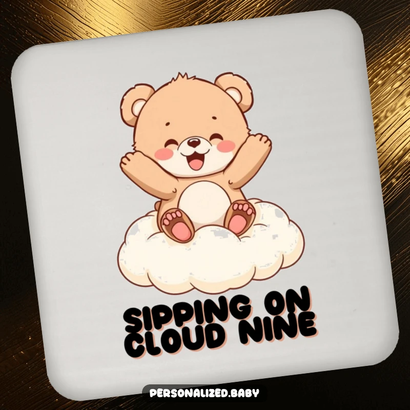 Funny Coaster: Fluffy bear cub gleefully bouncing on a cloud cushion, adding bouncy charm and protecting surfaces.