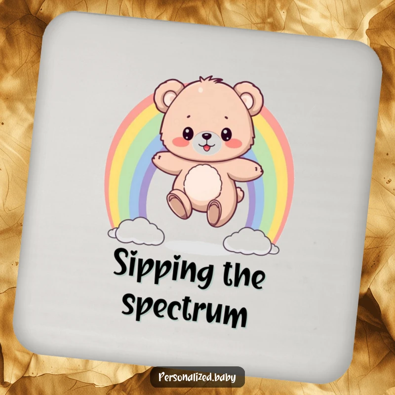 Funny coasters with a fluffy bear cub bouncing on a colorful rainbow, protecting surfaces with humorous, vibrant art.
