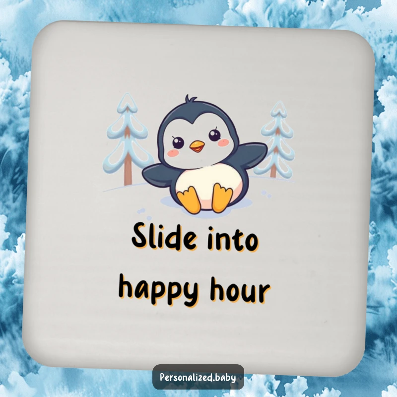 Funny penguin chick sliding down a snowy slope on a drink coaster, adding cute and humorous decor.