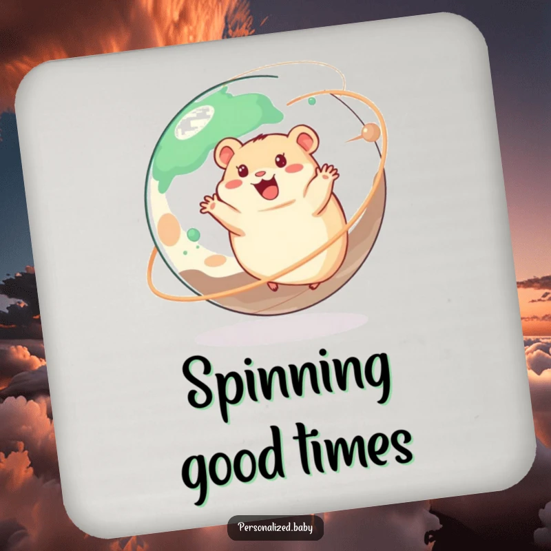 Funny coaster featuring a happy hamster running on a spinning planet, protecting surfaces with playful energy.