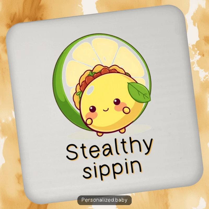 Funny drink coaster with a shy taco peeking from behind a lime, perfect for protecting tables with a humorous touch, great funny gift.