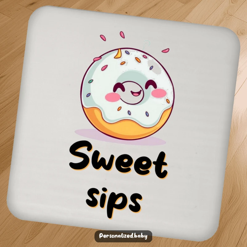 Funny drink coaster with a giggling, rolling donut with sprinkles, perfect for protecting tables with a humorous touch, great funny gift.