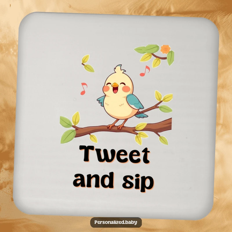 Funny, happy bird character perched on a branch, singing a tune, decorating these protective and musical drink coasters.
