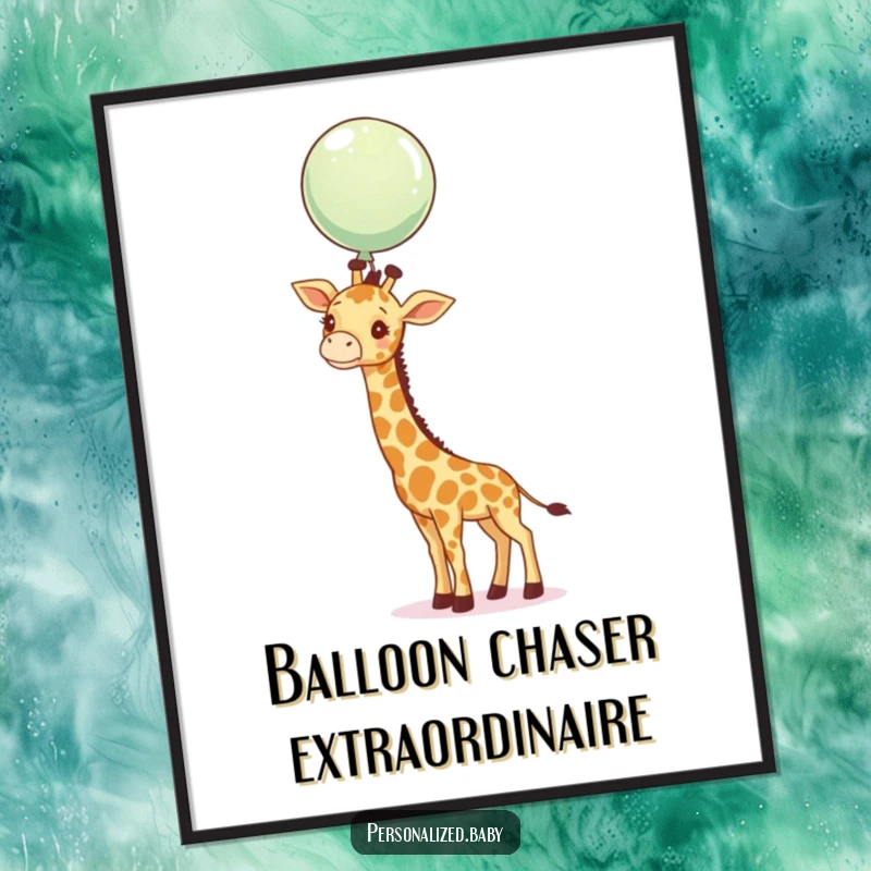 Funny curious giraffe calf stretching its long neck towards a floating balloon, a humorous wall art piece.