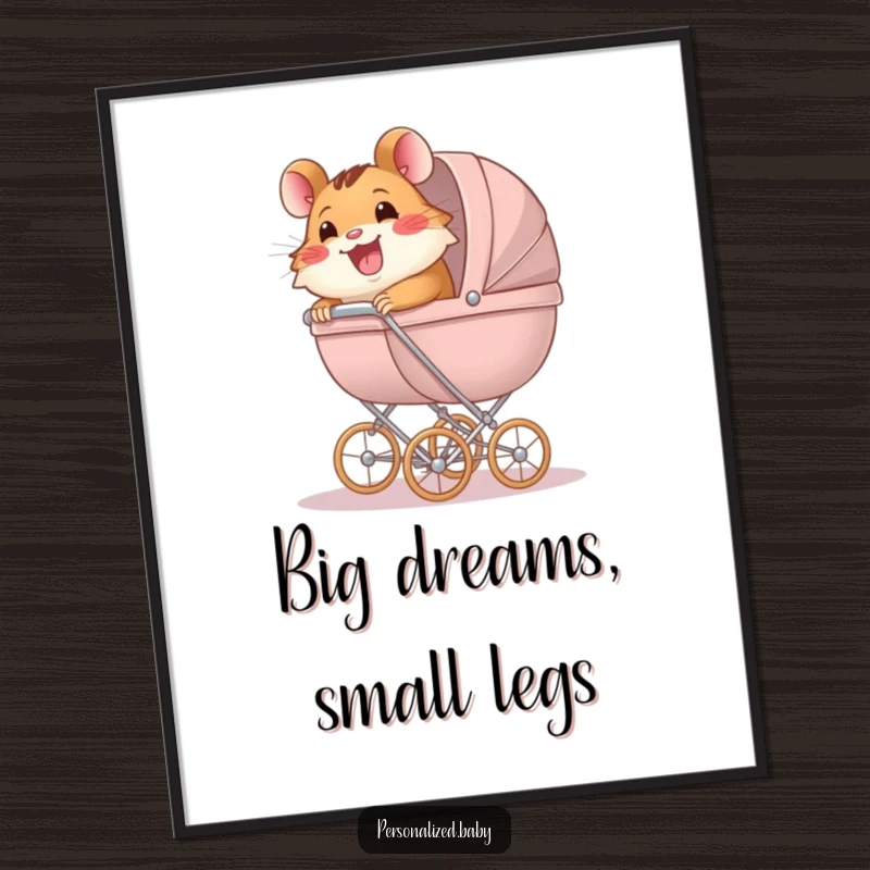 Funny Poster of a happy hamster enthusiastically pushing a large baby carriage, celebrating the humorous journey of pet parenthood.