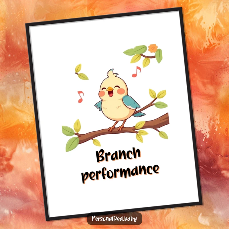 Funny, happy bird character perched on a branch, belting out a tune, creating a delightful musical wall art piece.