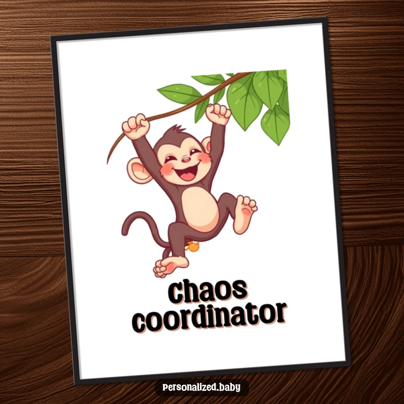Funny baby monkey poster, swinging wildly from a vine, captured mid-laugh, bringing joy and chaos to walls.