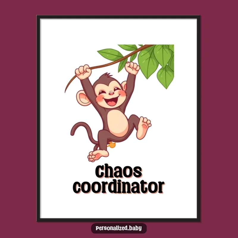 Funny Monkey Poster - Art Print, Mischievous Baby Swinging Laughing, Primate Decor Gift