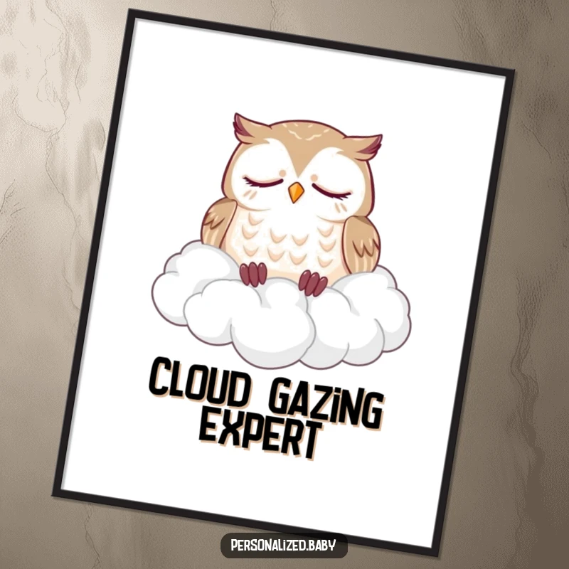 Funny poster showcasing a sleepy owl dozing soundly on a fluffy pile of clouds, a humorous and calming piece of art.