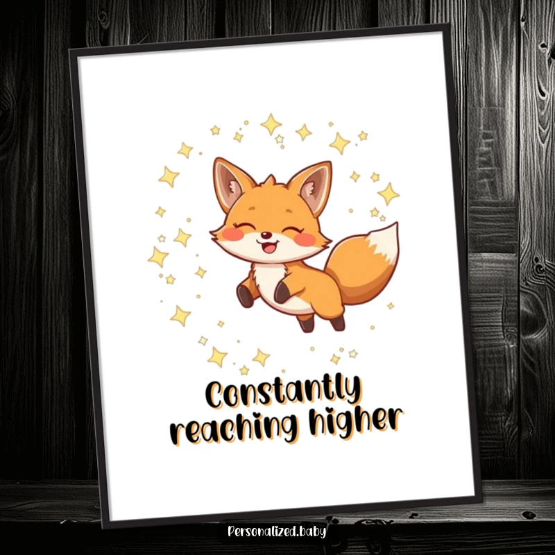 Funny Poster illustrating a smiling fox making a joyful leap through twinkling constellations, adding charm to any room.