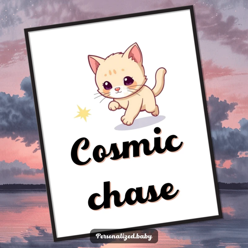 Funny poster showing a curious kitten playfully chasing a brilliant, sparkly comet tail across a vast starry expanse.