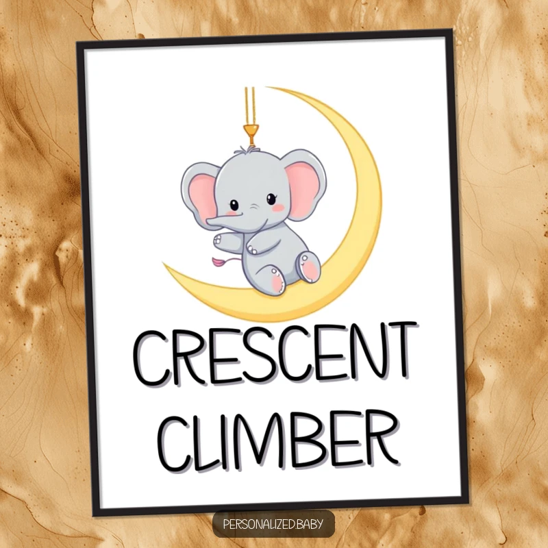 Funny poster showcasing a tiny elephant gleefully swinging from a crescent moon, a humorous and enchanting piece of wall art.