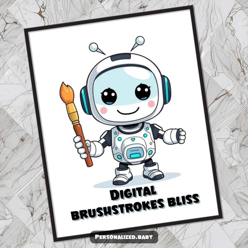 Funny poster art of a happy, buzzing AI robot character holding a paintbrush, symbolizing the creativity of artificial intelligence.