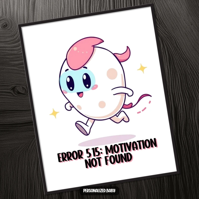 Funny poster art of a playful, zooming code character leaving a vibrant, sparkly trail, perfect for office decor.