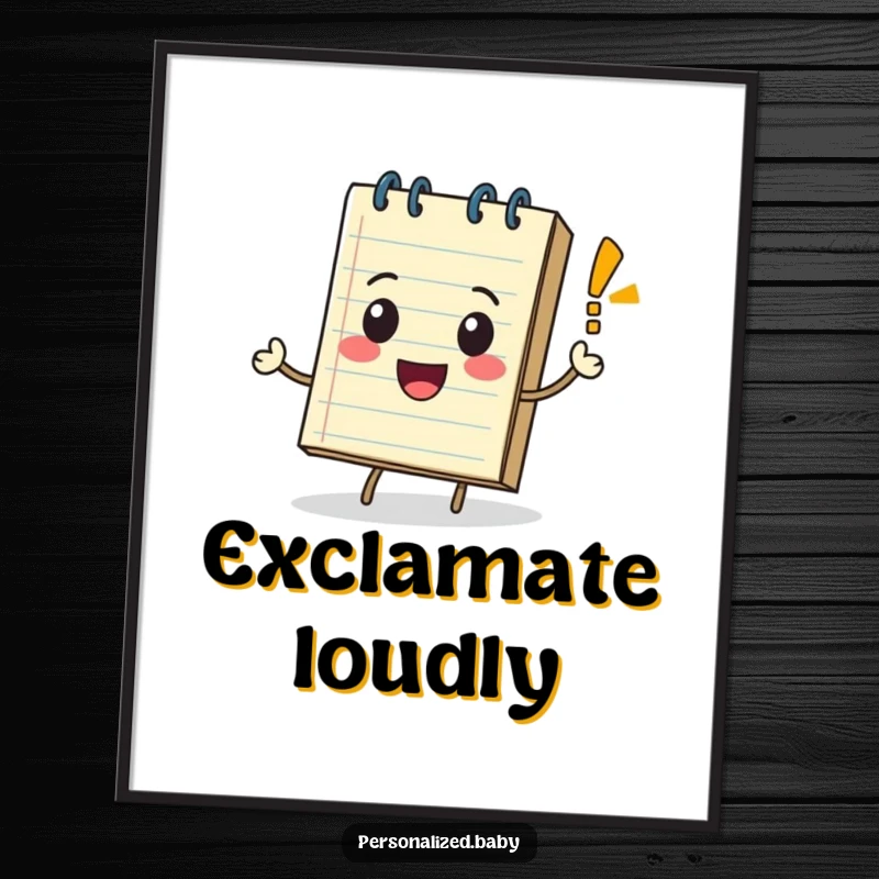 Playful notepad character rolling with a happy, bouncing exclamation mark, presented as energetic and humorous wall art.