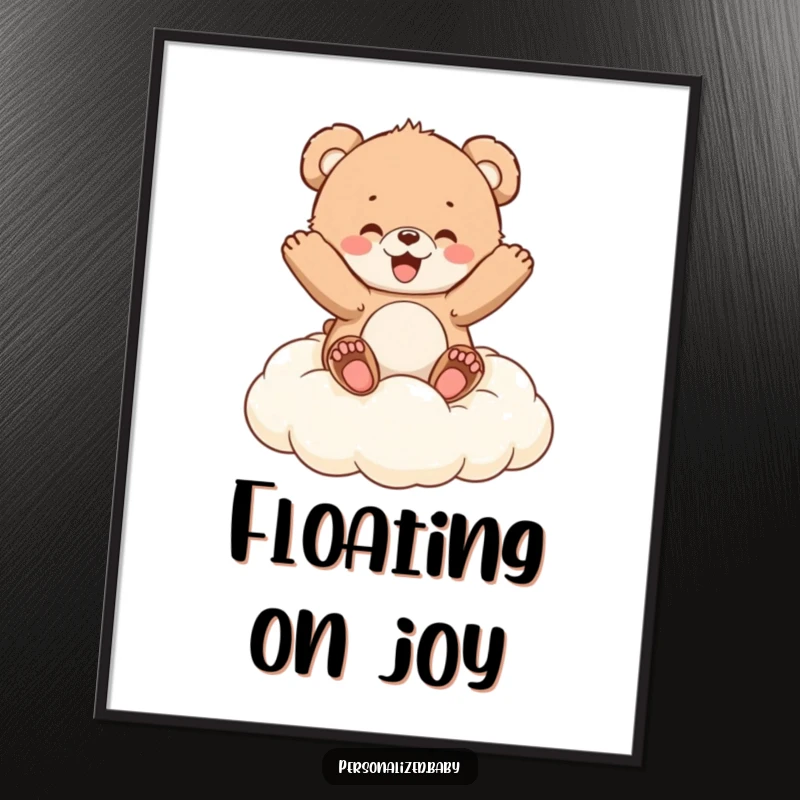 Funny Poster: A cheerful fluffy bear cub joyfully bounces high on a soft cloud cushion, bringing pure, whimsical delight.