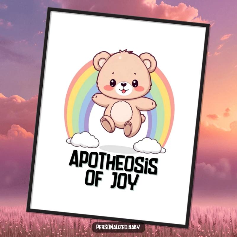 Funny poster showcasing a fluffy bear cub bouncing on a colorful rainbow, a cheerful and humorous piece of wall art.