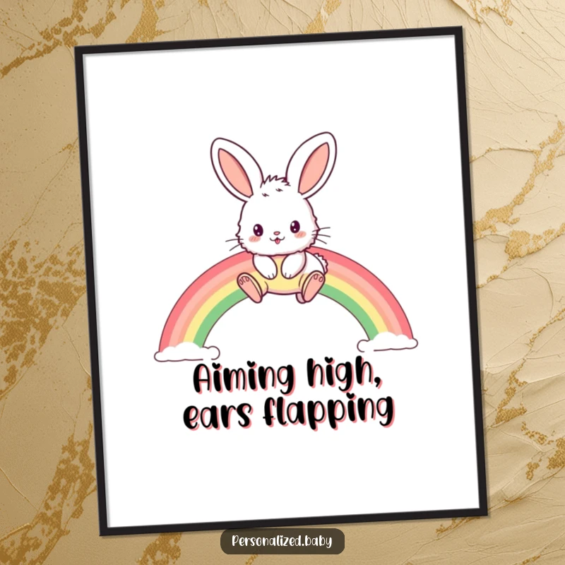 Funny poster showing a fluffy bunny with oversized ears in mid-air, jumping over a spectacular rainbow arc.