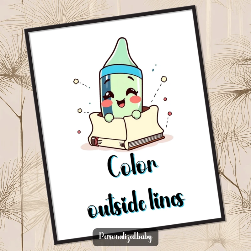 Funny cartoon crayon character bursting dynamically out of a sketchbook, creating a lively and humorous wall art piece.