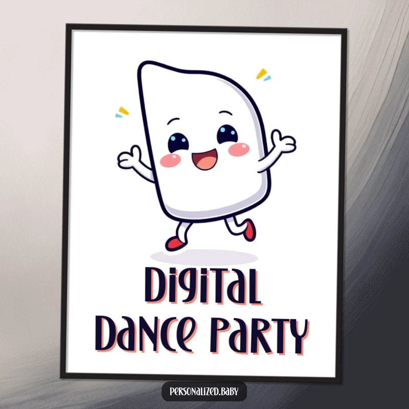 Funny poster art of a cheerful, blinking cursor character dancing with delight, symbolizing digital productivity and fun.