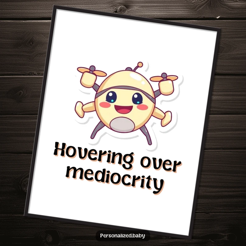 Funny drone poster, depicting a happy, buzzing character hovering with an excited grin, adding humor.