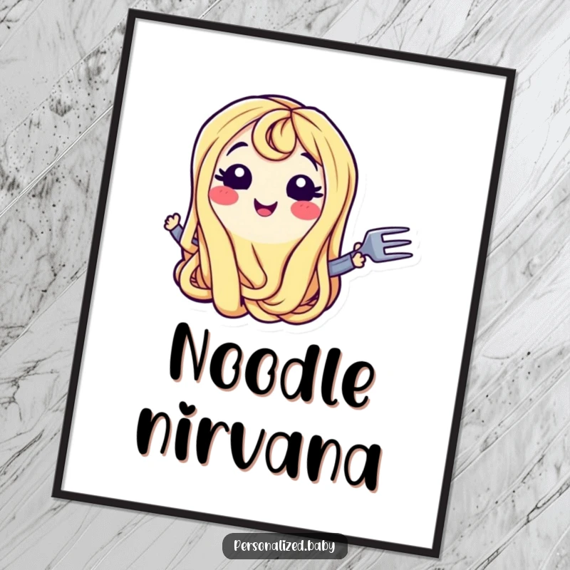 Funny Poster: Smiling wiggling spaghetti noodle character with a fork, symbolizing playful hunger and a love for pasta, a humorous wall decoration.