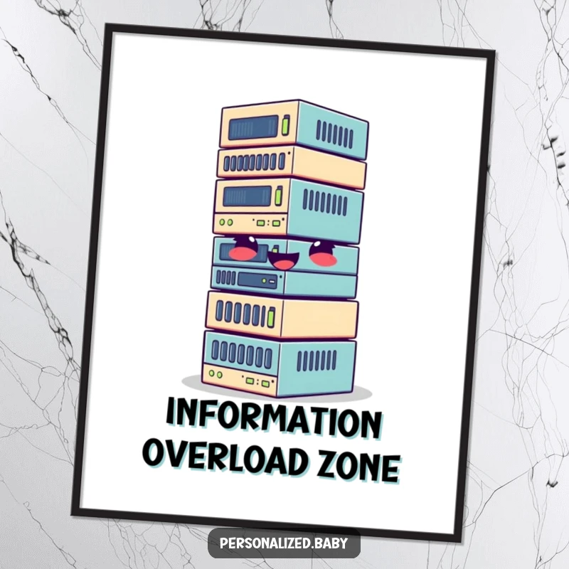 Funny poster art of a giggling, wobbly stack of colorful data blocks, bringing joy to any workspace.