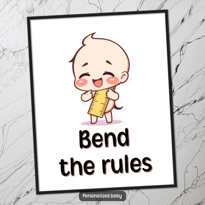 Funny anthropomorphic ruler character bent completely in half with uncontrollable laughter, presented as humorous wall art.