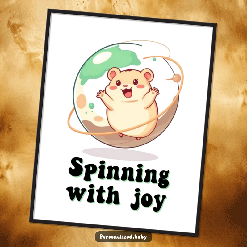 Funny poster of a happy hamster energetically wheeling around a giant, spinning planet, vibrant and full of joy.