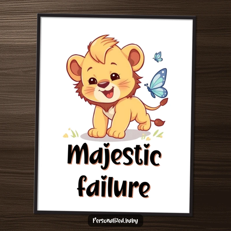 Funny poster of a clumsy baby lion cub with a charmingly awkward stance chasing a sparkling butterfly.