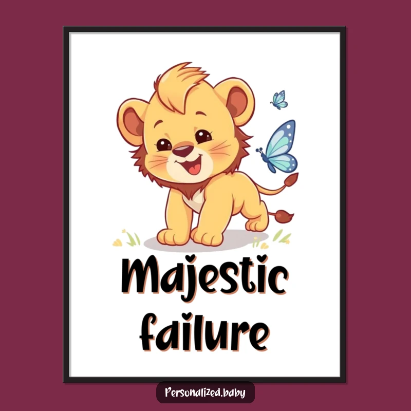 Funny Lion Cub Butterfly Chase Poster: Clumsy Cub Art for Playful Spaces