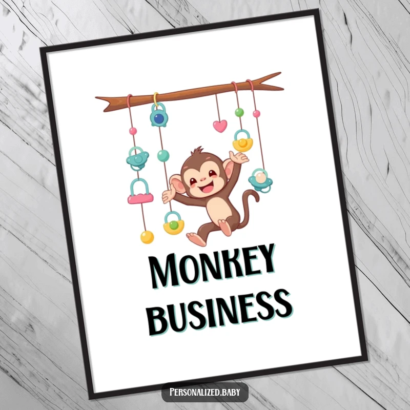 Funny Poster of a mischievous monkey entangled in a mobile of dangling pacifiers, celebrating the humorous journey of early childhood.