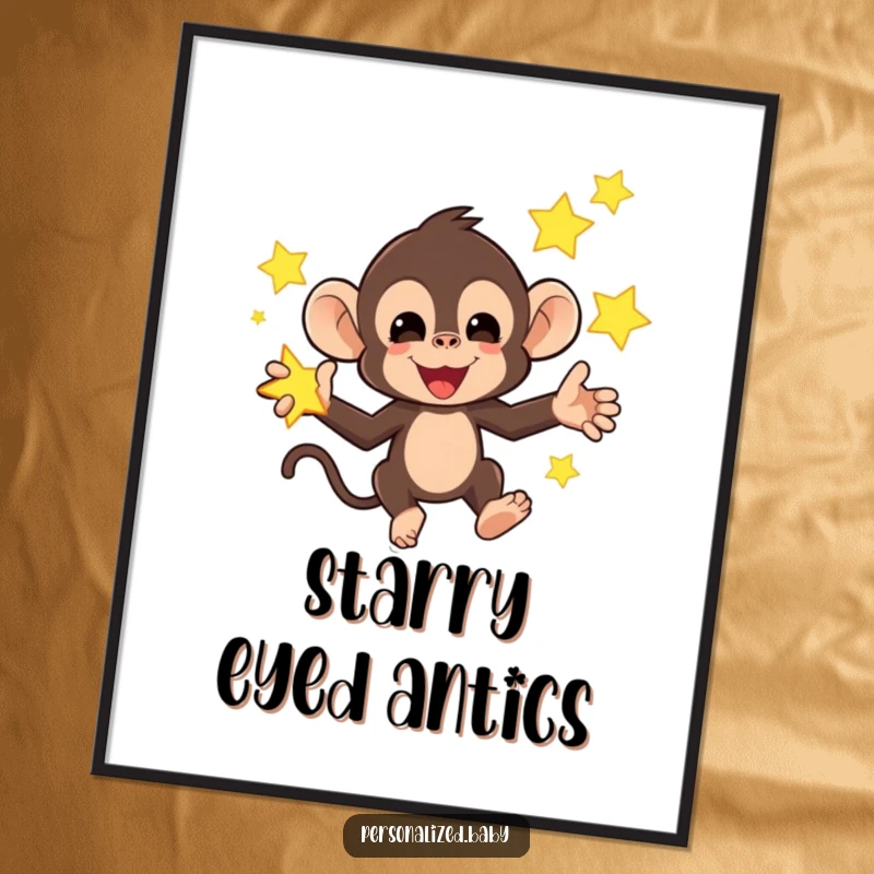 Funny poster showcasing a mischievous monkey juggling bright, glowing stars, a humorous and whimsical piece of wall art.