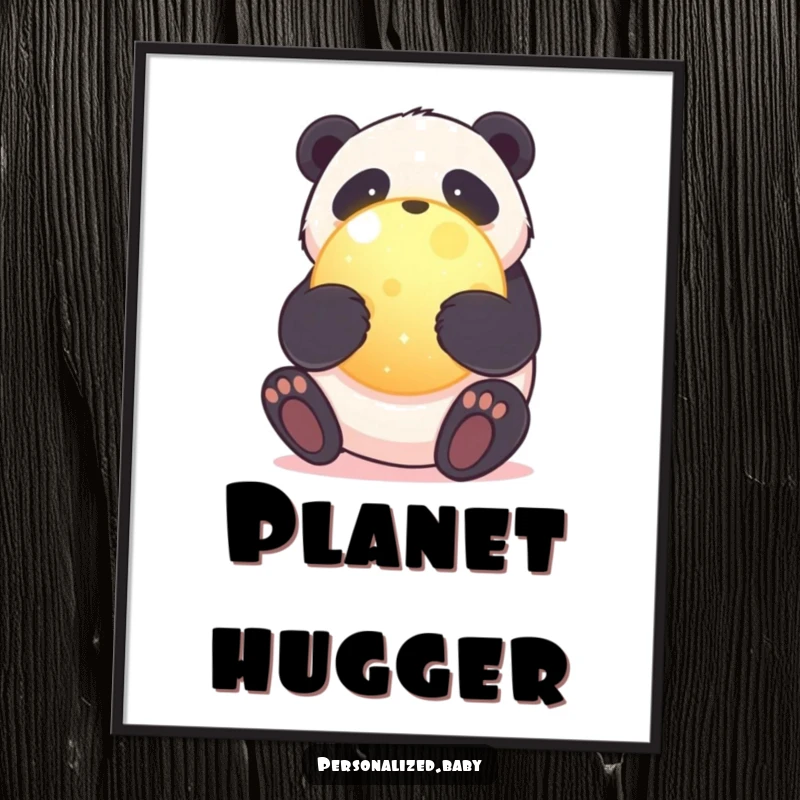 Funny poster art of a sweet panda bear hugging a glowing, round planet, symbolizing love for Earth and gentle stewardship.