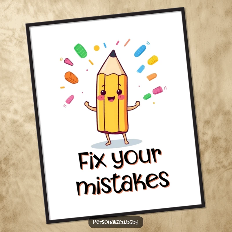 Funny anthropomorphic pencil character artfully juggling colorful eraser marks, presented as vibrant wall art.