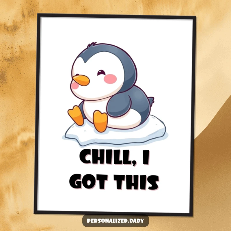 Funny chubby baby penguin poster, sliding down a snowy slope on its belly, vibrant artwork for winter lovers.