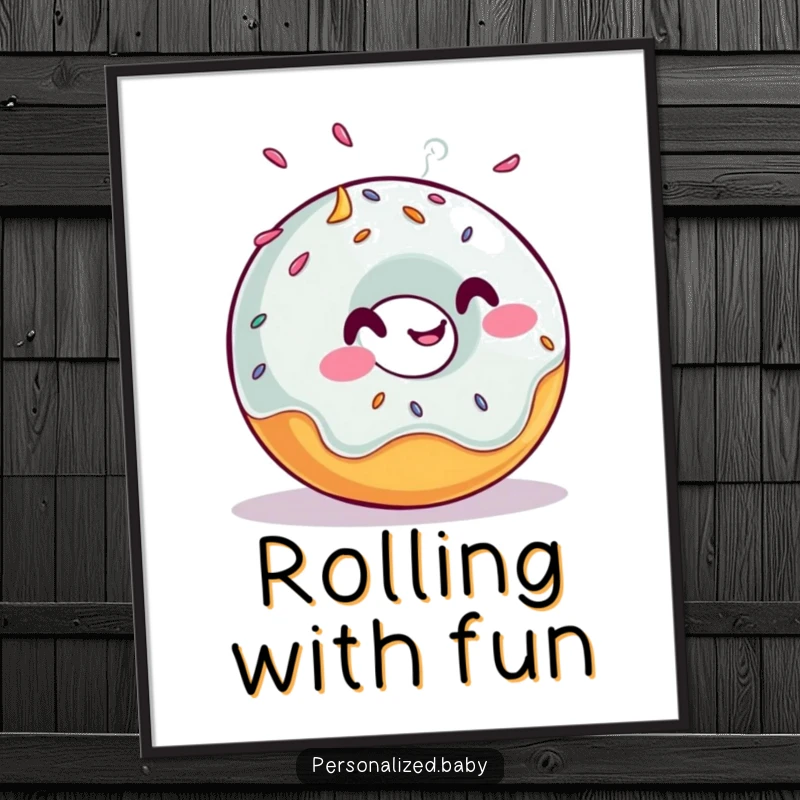 Funny poster art of a giggling, rolling donut with sprinkles flying off, radiating sweet joy and fun, ideal funny gift.
