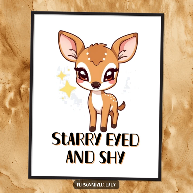 Funny poster showcasing a shy deer fawn peeking from behind a twinkling star, creating a magical and whimsical atmosphere.