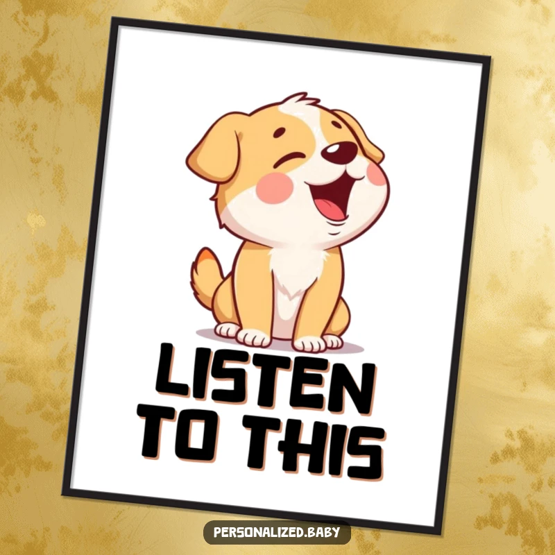 Funny Singing Dog Poster depicting a giggling dog character with head tilted back, joyfully singing a tune, radiating pure musical happiness.