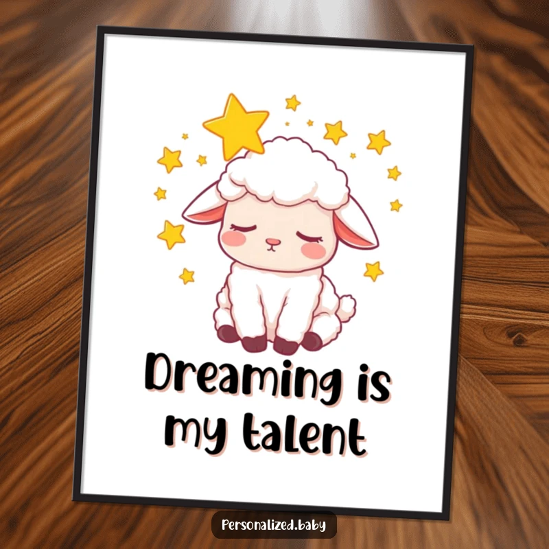 Funny Poster: Sleepy lamb in a peaceful dream state, with enchanting stars swirling around its head like a celestial crown.