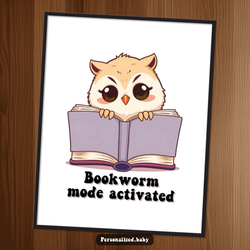 Funny owl chick poster, a sleepy bird with wide eyes peeking out of a large book, charming wall art.