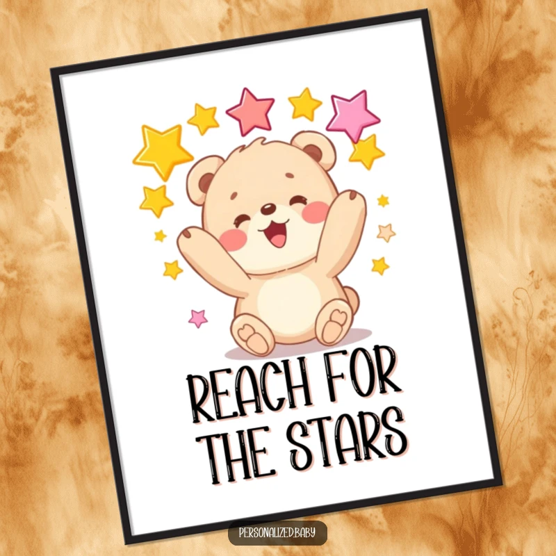 Funny poster of a bear cub happily juggling colorful stars, bringing whimsical charm and humor to wall decor.